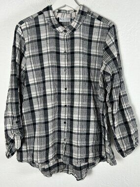 Habitat Women Black White Plaid Crinkle Button-Up Shirt Large Long Sleeve Casual